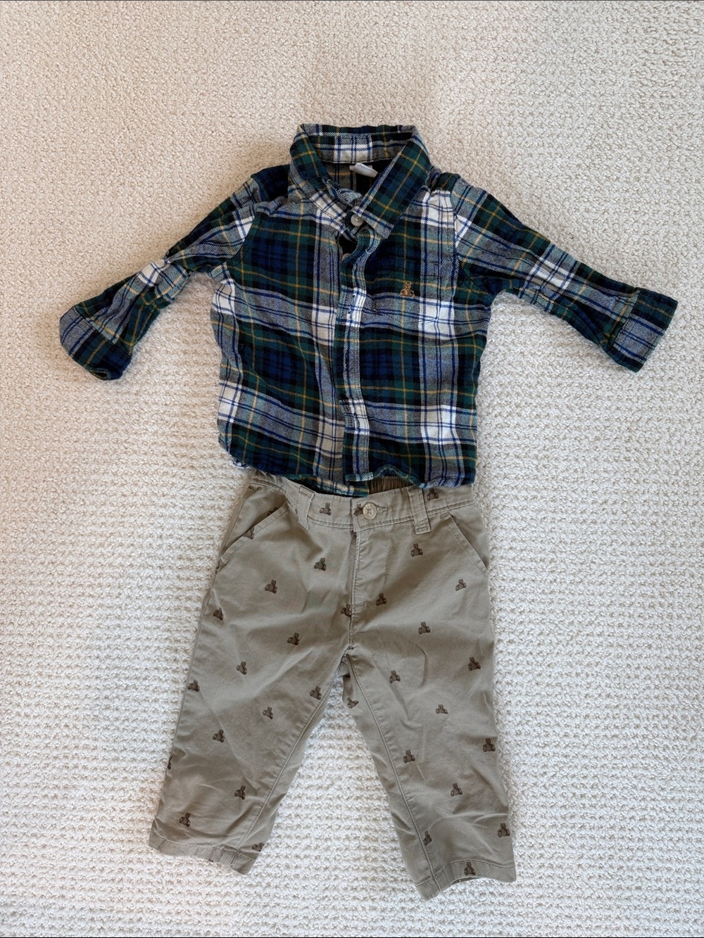 GAP Green, Navy & White Plaid Baby Button-Up Shirt and Khaki Pants